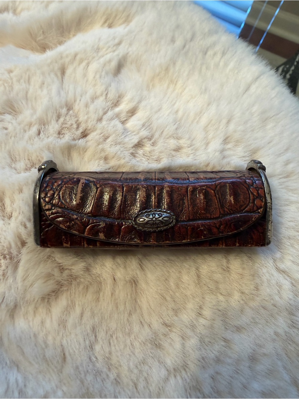 Vintage Croc-Embossed Brown Leather lipstick Case with Metal Accent